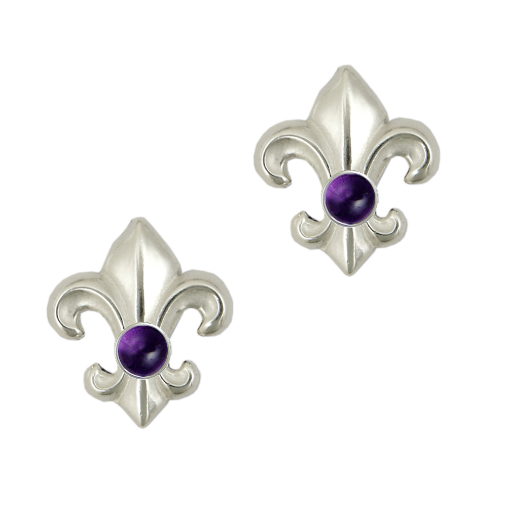 Sterling Silver And Amethyst Fleur de Lis Post Stud Earrings